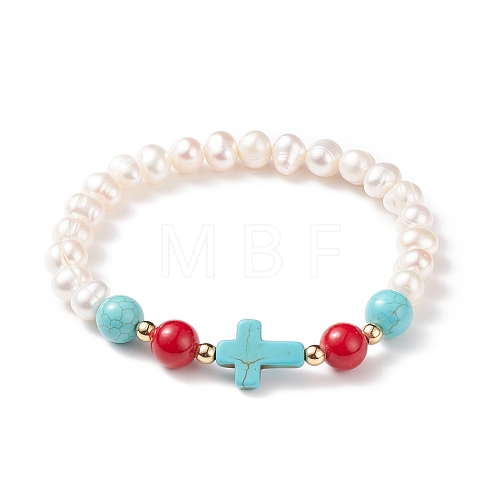 Synthetic Turquoise(Dyed) Cross & Natural Mashan Jade & Pearl Beaded Stretch Bracelet BJEW-TA00161-1