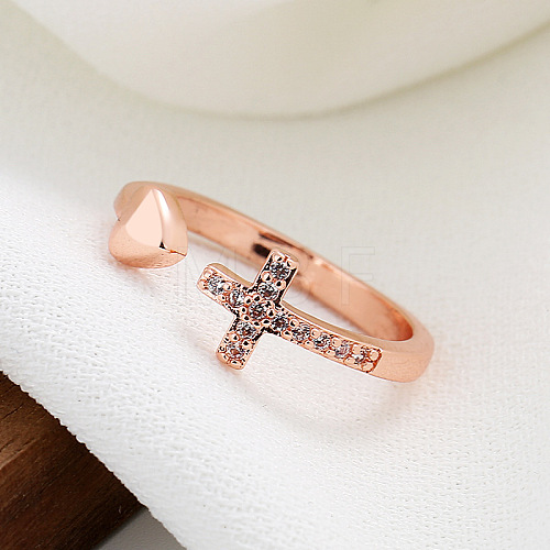 Crystal Rhinestone Cross & Heart Open Cuff Ring RELI-PW0003-04RG-1