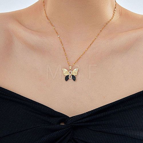 Brass Clear Cubic Zirconia Shiny Cute Cartoon Butterfly Pendant Dapped Chain Necklaces for Women DI0500-1-1