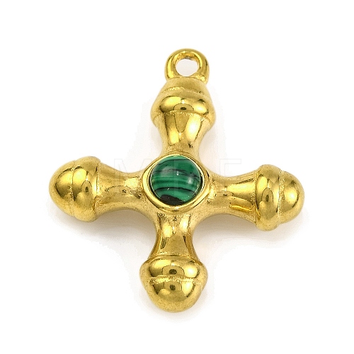 Synthetic Malachite & 304 Stainless Steel Cross Pendants STAS-H221-01G-04-1