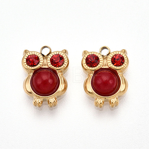 304 Stainless Steel Pave Natural Red Jasper and Ruby Rhinestone Owl Charms STAS-T064-66G-1