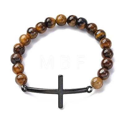 Round Natural Tiger Eye Bead Stretch Bracelets BJEW-F493-08EB-01-1