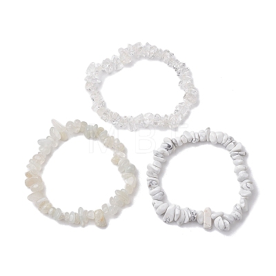 3Pcs Natural Quartz Crystal & Synthetic White Howlite & Natural White Moonstone Chip Beaded Stretch Bracelet Sets BJEW-JB10857-1