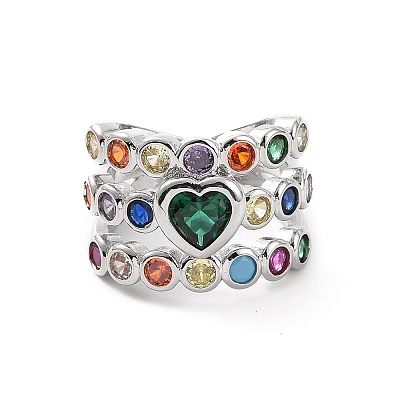 Colorful Cubic Zirconia Heart Open Cuff Ring RJEW-C061-03P-1