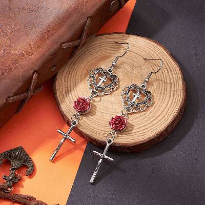 Alloy Heart & Cross & Resin Rose Dangle Earrings EJEW-JE05314-1
