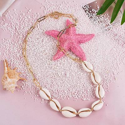 Natural Cowrie Shell Beads Pendant Necklace with Paperclip Chains for Women NJEW-SW00008-1