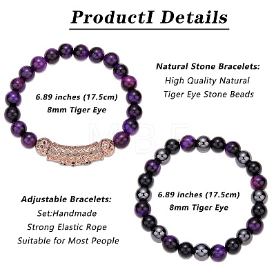 2Pcs 2 Style Natural Tiger Eye & Gemstone Stretch Bracelets Set BJEW-SW00091-1