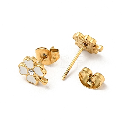 Enamel Clover with Crystal Rhinestone Stud Earrings with 316 Surgical Stainless Steel Pins EJEW-A081-12G-03-1