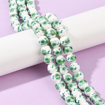 Handmade Flower Printed Porcelain Ceramic Beads Strands PORC-M007-10mm-16-1