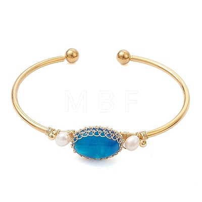 Wire Wrapped Natural Agate Cuff Bangles BJEW-TA00742-03-1