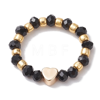 Glass Stretch Rings with Golden Plated Heart Brass Beads RJEW-JR00660-01-1