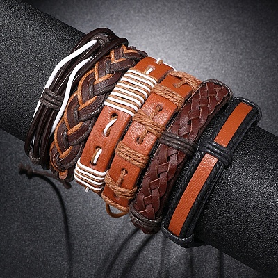 6Pcs 6 Style Adjustable Braided Imitation Leather Cord Bracelet Set with Waxed Cord for Men BJEW-F458-10-1