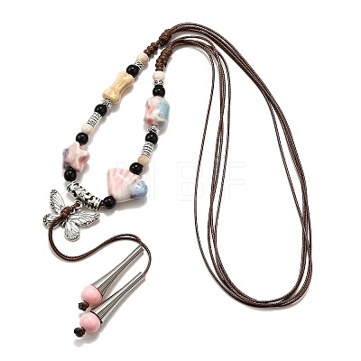 Ethnic Style Alloy & Porcelain Ceramic Beads Butterfly Pendant Tassel Y Necklaces NJEW-D308-01C-1