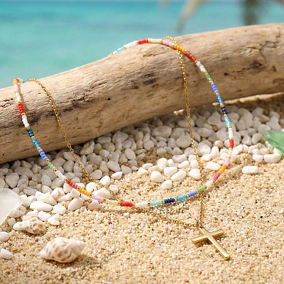 Bohemian 304 Stainless Steel Cross Pendant Rainbow Color Round Glass Seed Beaded Double Layer Necklaces for Women MU6538-2-1