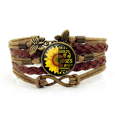 You Are My Sunshine Theme Flat Round with Sunflower Leather Cord Multi Strand Bracelets WGB8E71-07-1