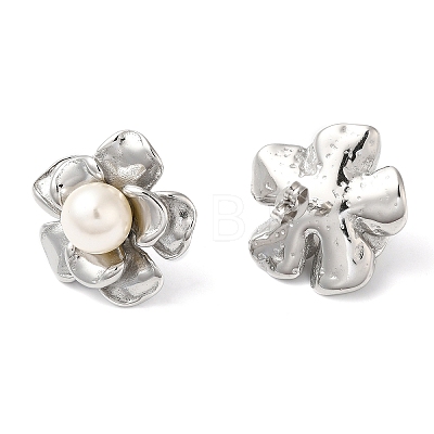 Plastic Pearl Beaded Flower Stud Earrings EJEW-K244-21P-1