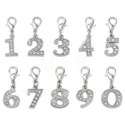 10Pcs 10 Styles Number 0~9 Alloy Rhinestone Pendant Decorations HJEW-YW00549-1