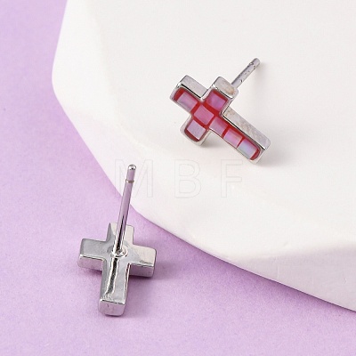 Brass Enamel Cross Stud Earrings EJEW-I322-03P-1
