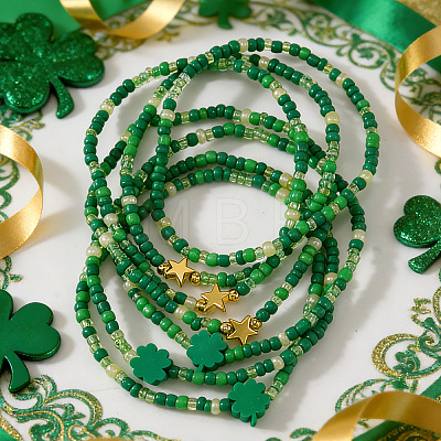 7Pcs 3 Styles Saint Patrick's Day Glass Seed Bead Stretch Bracelets RL8024-1-1