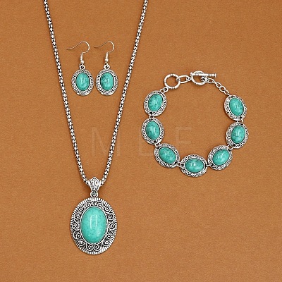 Oval Alloy with Synthetic Turquoise Pendant Necklaces & Dangle Earrings & Link Bracelets Sets WGD1135-09-1