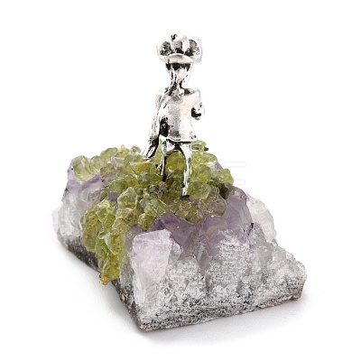 Natural Peridot Cluster & Alloy Miner Model Ornament DJEW-D002-07AS-01-1