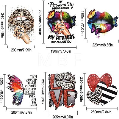 6Pcs 6 Style Heart & Lip with Word/Butterfly/Hand Pet Film with Hot Melt Adhesive Heat Transfer Film DIY-CN0001-50-1