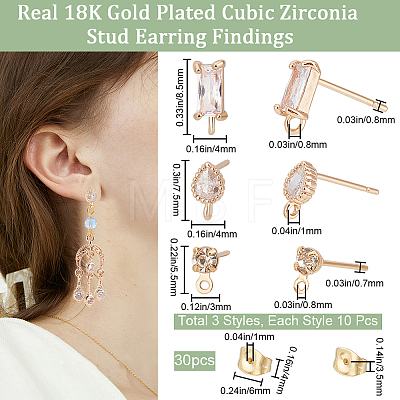 Beebeecraft 30Pcs 3 Style Brass Cubic Zirconia Stud Earring Findings KK-BBC0012-68-1