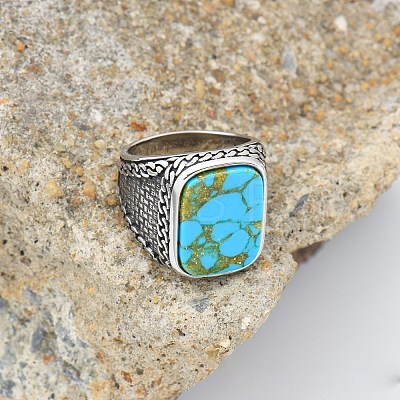 304 Stainless Steel with Synthetic Turquoise Finger Rings FS-WG67565-44-1