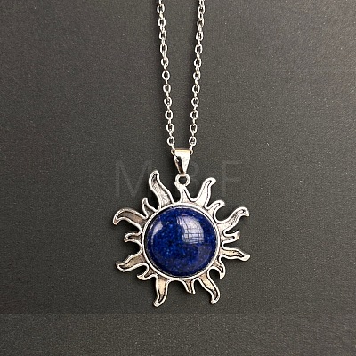 Natural Lapis Lazuli Sun Pendant Alloy Chain Vintage Necklaces WB3716-15-1
