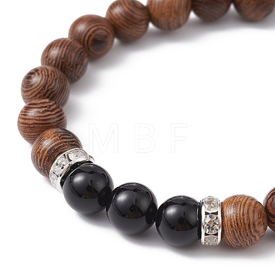 Natural Wenge Wood & Obsidian Round Braided Bead Bracelet BJEW-JB09757-02-1
