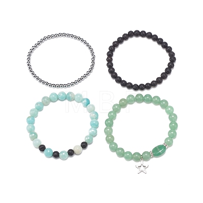 4Pcs 4 Style Natural Green Aventurine & Lava Rock & Synthetic Hematite Stretch Bracelets Set BJEW-JB08481-1