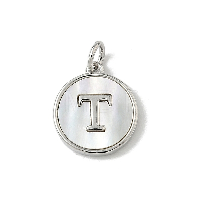 Brass Pave Natural Shell Flat Round with Letter Charms KK-Z115-13P-T-1
