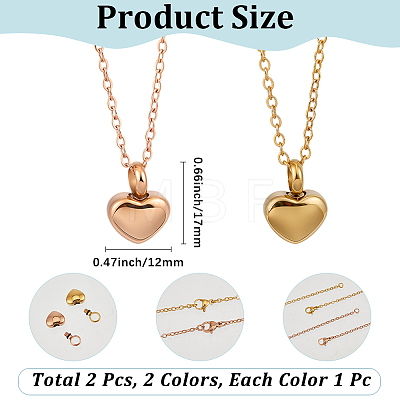 2Pcs 2 Colors 304 Stainless Steel Heart Urn Ashes Necklaces NJEW-CN0001-28B-1