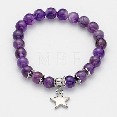 Natural Mixed Stone Beaded Star Charm Stretch Bracelets BJEW-JB01981-1