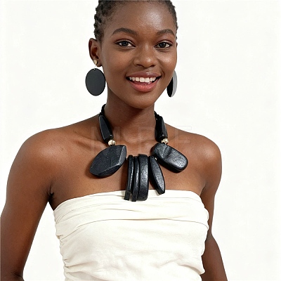 Aluminum & Wood Bead Necklceas & Stud Earrings Sets SJEW-H001-13B-1