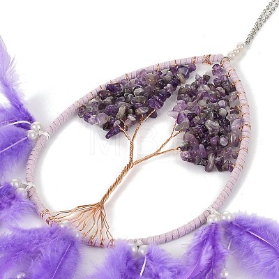 Wire Wrapped Natural Amethyst Chip Teardrop with Tree of Life Wind Chime HJEW-K067-09P-03-1