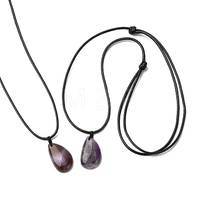 Natural & Synthetic Mixed Gemstone Teardrop Pendant Black Waxed Cord Adjustable Necklaces NJEW-G169-01-1