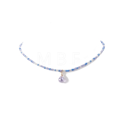 Glass Teardrop Pendant Necklace with Seed Beaded Chains for Women NJEW-JN04260-1