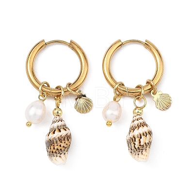 Natural Cultured Freshwater Pearl Beads & Spiral Shell Dangle Hoop Earrings EJEW-JE07252-1
