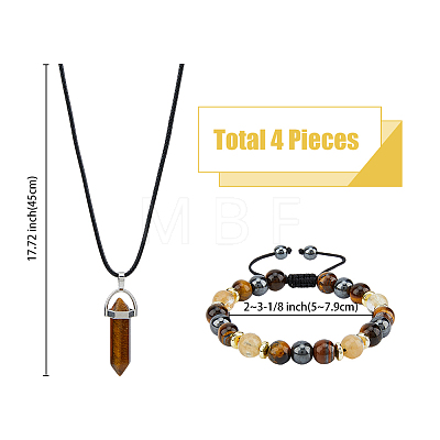 FIBLOOM Natural Mixed Gemstone Bullet Pendant Necklaces & Braided Bead Bracelet SJEW-FI0001-12-1