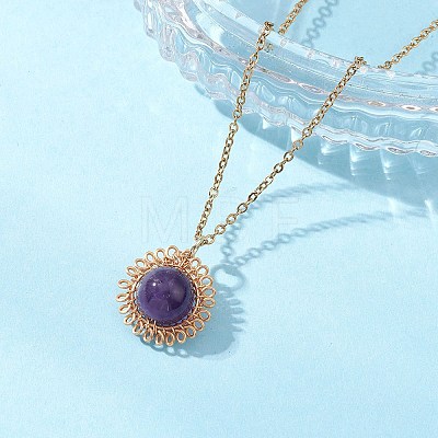 Natural Amethyst Copper Wire Wrapped Flower Pendant 304 Stainless Steel Cable Chain Necklaces for Women NJEW-JN05616-01-1