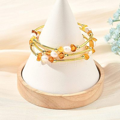 Nuggets Natural Amber and Pearl Wrap Cuff Bangles BJEW-JB14492-1