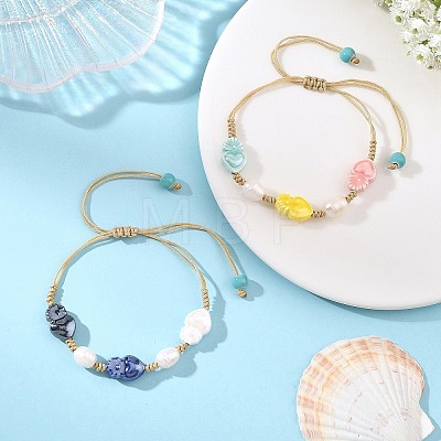 Glazed Porcelain Beads & Natural Cultured Freshwater Pearl Braided Bead Bracelets BJEW-JB14202-02-1