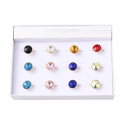 304 Stainless Steel with Glass Cuff Rings for Women RJEW-K309-41C-1