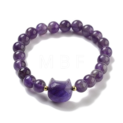 Round & Cat Head Natural Amethyst Beaded Stretch Bracelets for Women BJEW-K251-03A-1