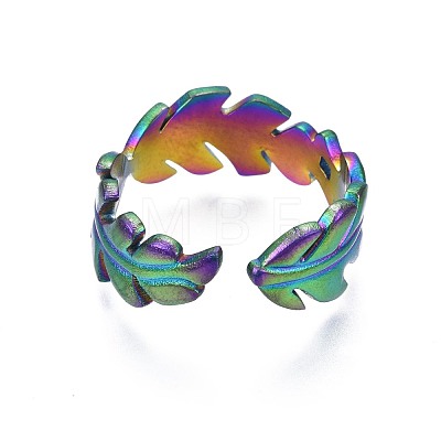 304 Stainless Steel Leaf Wrapped Cuff Ring RJEW-N038-060-1