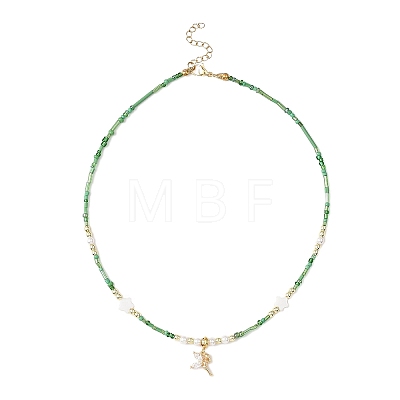 Brass Pave Clear Cubic Zirconia Fairy Pendant Round Shell Pearl & Flower Natural Freshwater Shell & Glass Seed Beaded Necklaces for Women NJEW-JN05643-1
