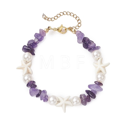 Starfish Synthetic Turquoise & Natural Amethyst Chip Beaded Bracelets for Women BJEW-JB11264-01-1