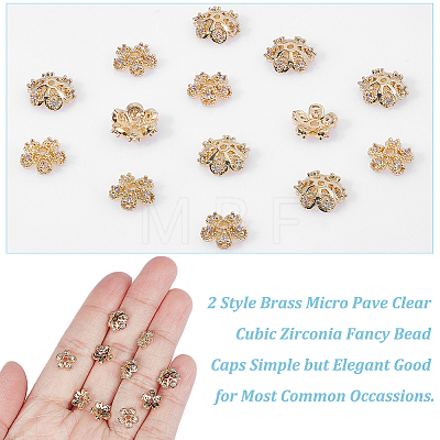 20Pcs 2 Style Brass Micro Pave Clear Cubic Zirconia Fancy Bead Caps KK-DC0001-53-1