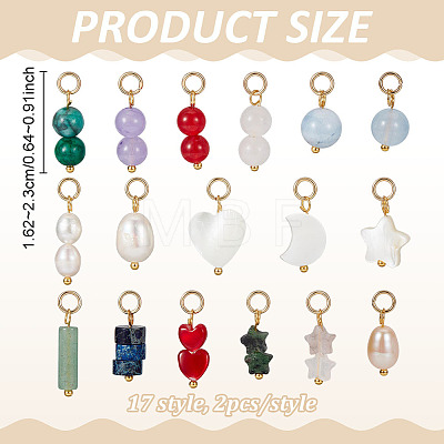 34Pcs 17 Styles Natural Shell & Natural Pearl & Gemstone Pendants PALLOY-BC00008-1